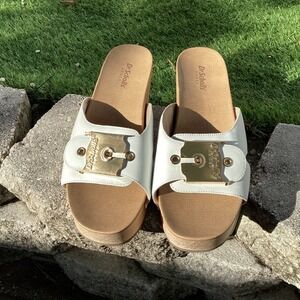 Dr Scholls White Leather Platform Slide Sandals Gold Buckle Wood  Heel 3in